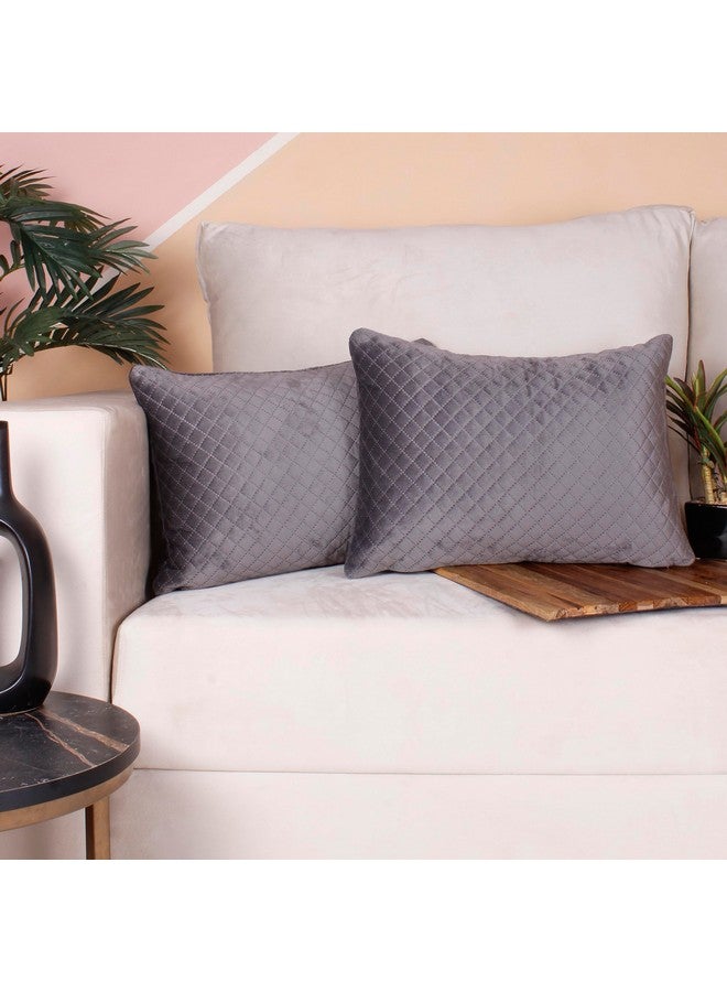 STITCHNEST Set of 2 Cushion Cover | Quilted Velvet | Grey| Soft & Premium Look | 12x18 Inches | Fit for Sofa & Living Room Decor - Image 1