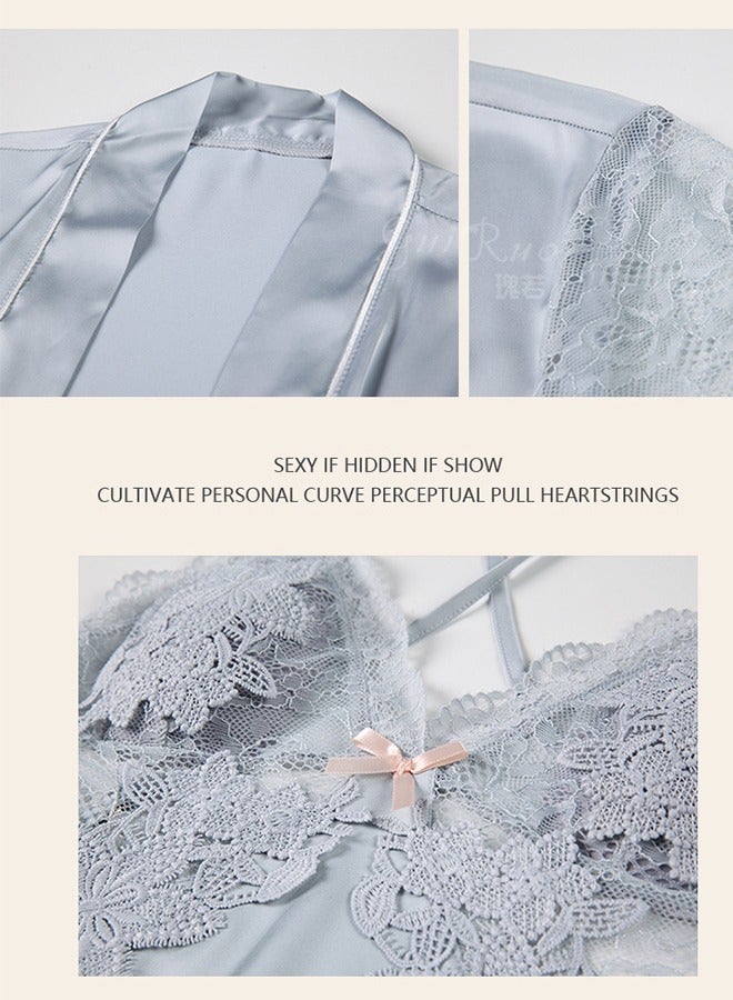 تقول النساء أن ثوب النوم أزرق فاتح للنساء طقم ملابس منزلية بنفس اللون رداء نوم خارجي (ثوب نوم + حزام) - Image 2