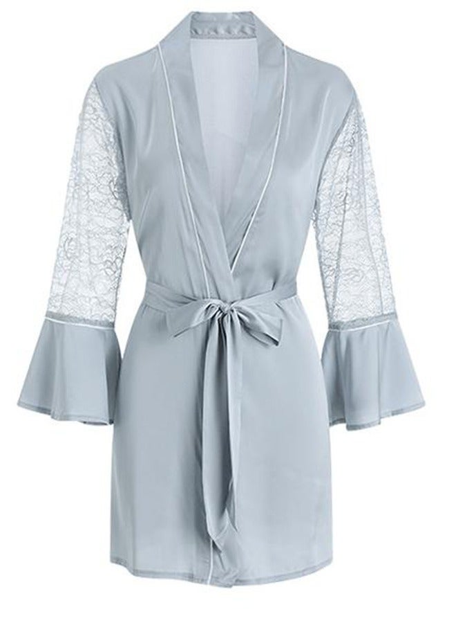 تقول النساء أن ثوب النوم أزرق فاتح للنساء طقم ملابس منزلية بنفس اللون رداء نوم خارجي (ثوب نوم + حزام) - Image 1
