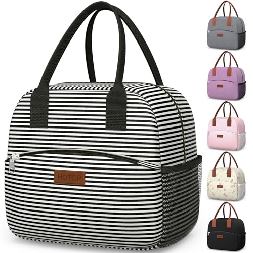 HOTOR Lunch Bag for Women & Men - Wear-Resistant Insulated Lunch Box with Large Capacity, Multi-Functional Cooler Bag for Office, Picnic, Black and White Stripes, 10L,10.60" x 5.90" x 9.50" - Image 1