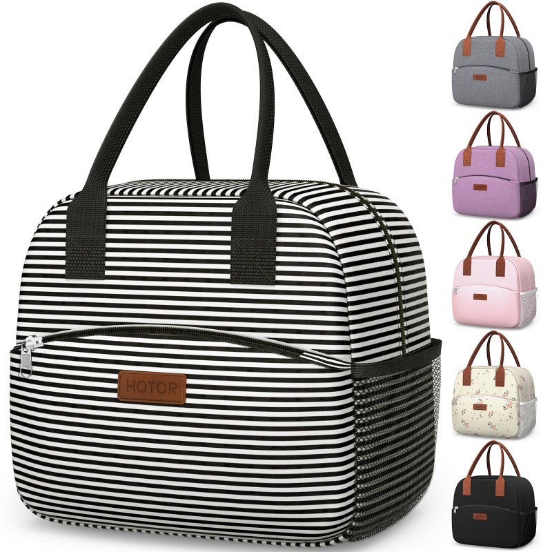 HOTOR Lunch Bag for Women & Men - Wear-Resistant Insulated Lunch Box with Large Capacity, Multi-Functional Cooler Bag for Office, Picnic, Black and White Stripes, 10L,10.60" x 5.90" x 9.50" - Image 5