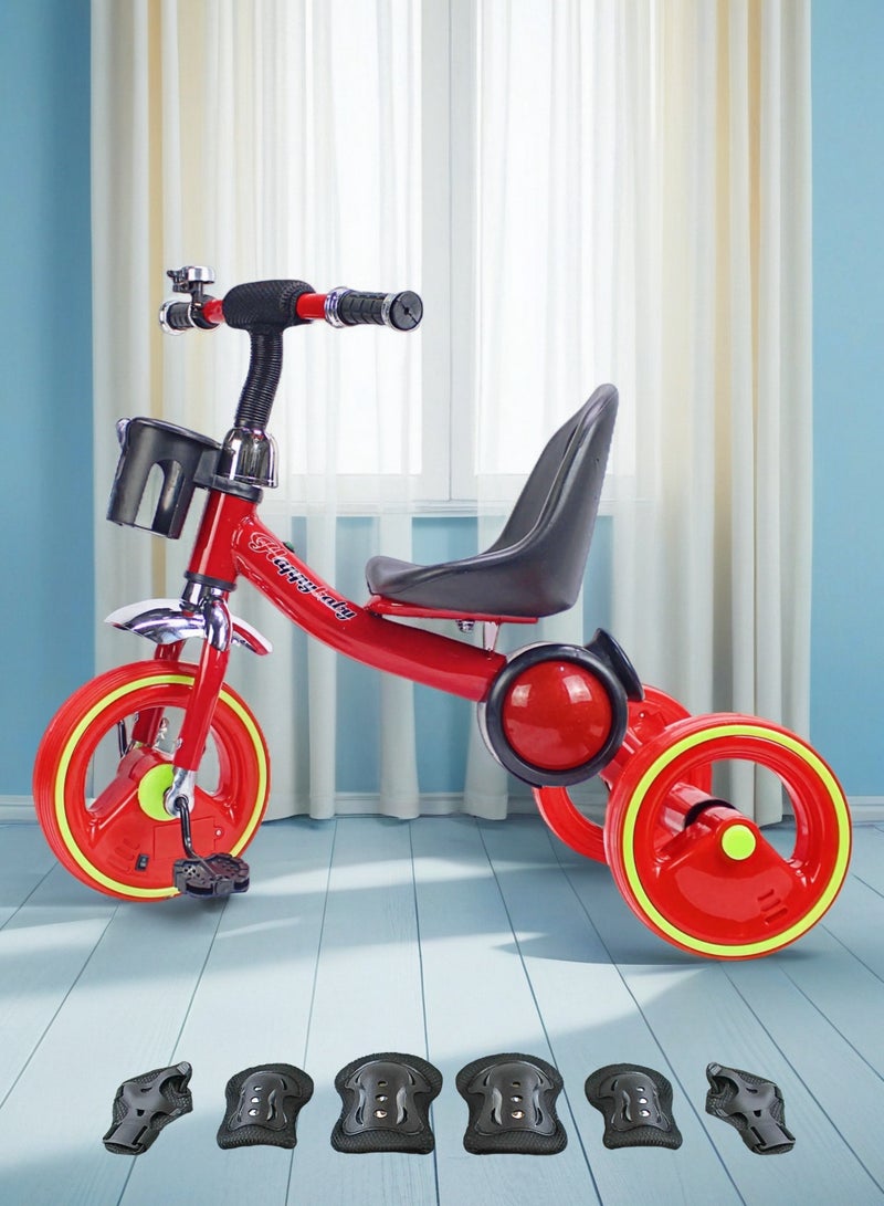 إيزي فيتشور دراجة ثلاثية العجلات سهلة الاستخدام للأطفال من EASY FUTURE، لعبة دراجة ممتعة مع أضواء وموسيقى وسلة (اختر اللون الأزرق أو الأحمر أو الوردي) تتضمن العبوة مجموعة معدات الحماية - Image 1