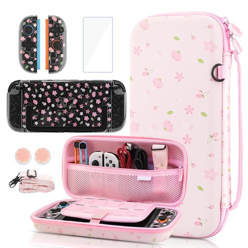 GLDRAM Pink Cherry Blossom Carrying Case for Nintendo Switch 2, Cute Girly Accessories Kit with Travel Storage Bag, Glitter Sakura Protective Cover, Screen Protector, Shoulder Strap & 2 Thumb Grips - Image 1