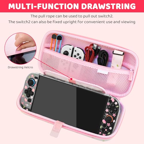GLDRAM Pink Cherry Blossom Carrying Case for Nintendo Switch 2, Cute Girly Accessories Kit with Travel Storage Bag, Glitter Sakura Protective Cover, Screen Protector, Shoulder Strap & 2 Thumb Grips - Image 3