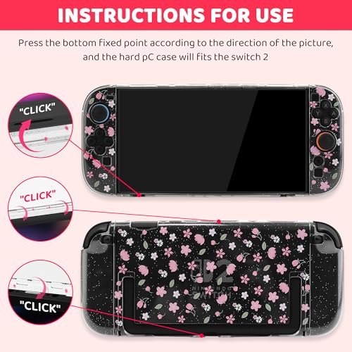 GLDRAM Pink Cherry Blossom Carrying Case for Nintendo Switch 2, Cute Girly Accessories Kit with Travel Storage Bag, Glitter Sakura Protective Cover, Screen Protector, Shoulder Strap & 2 Thumb Grips - Image 2