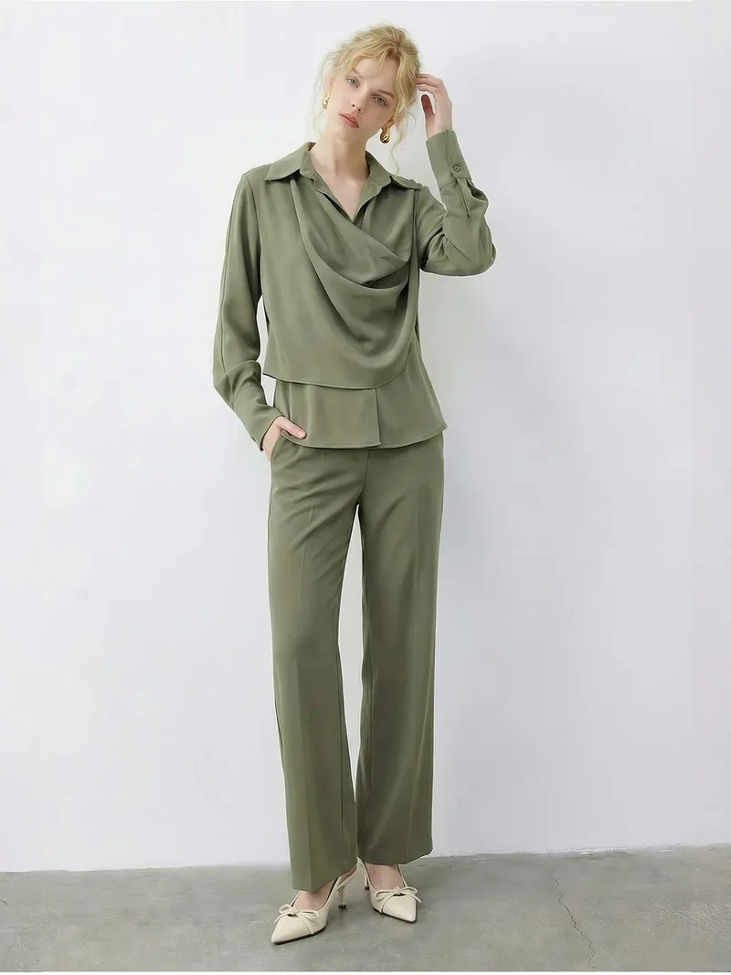 Bianco Lucci Lime Green LUCCI Shawl Detailed Blouse and High Waist Wide Leg Pants Two-Piece Set for Women | Best Price UAE