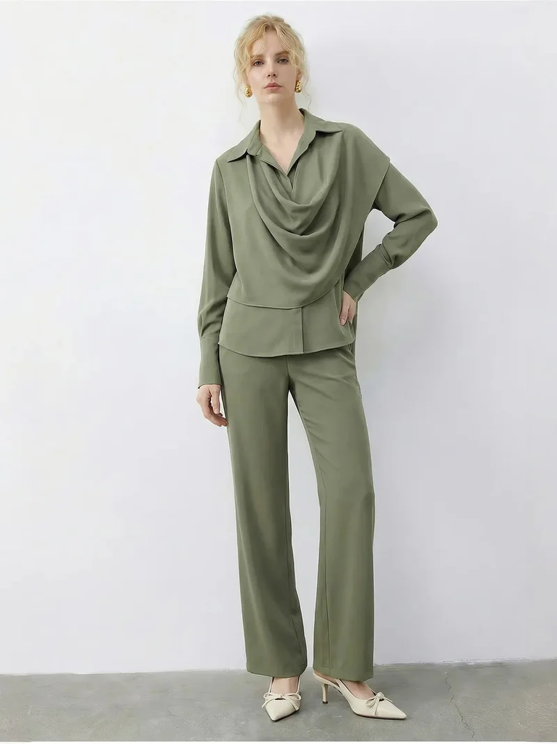 LUCCI Shawl Detailed Blouse and High Waist Wide Leg Pants Two-Piece Set