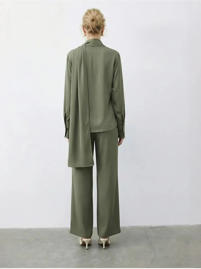 Bianco Lucci Lime Green LUCCI Shawl Detailed Blouse and High Waist Wide Leg Pants Two-Piece Set for Women | Best Price UAE