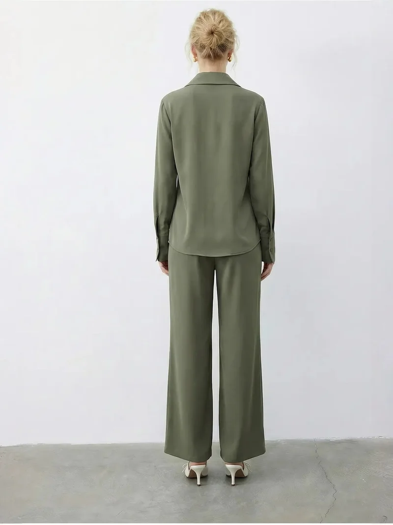 Bianco Lucci Lime Green LUCCI Shawl Detailed Blouse and High Waist Wide Leg Pants Two-Piece Set for Women | Best Price UAE