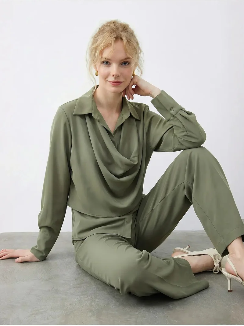 Bianco Lucci Lime Green LUCCI Shawl Detailed Blouse and High Waist Wide Leg Pants Two-Piece Set for Women | Best Price UAE