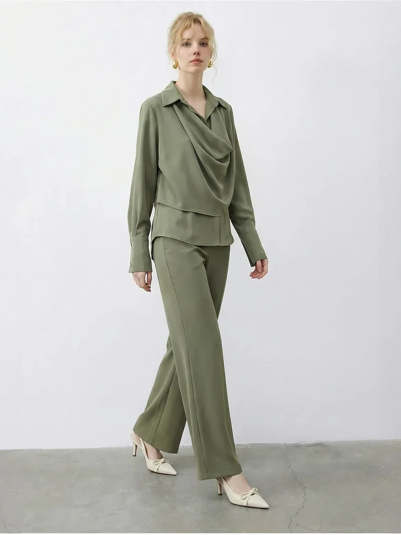 Bianco Lucci Lime Green LUCCI Shawl Detailed Blouse and High Waist Wide Leg Pants Two-Piece Set for Women | Best Price UAE