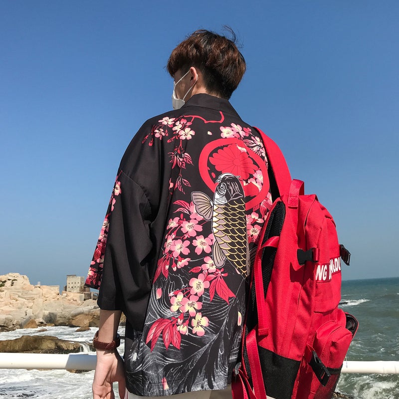 Unisex Kimono Cardigan Fish Print UV Protection Black  - Image 1