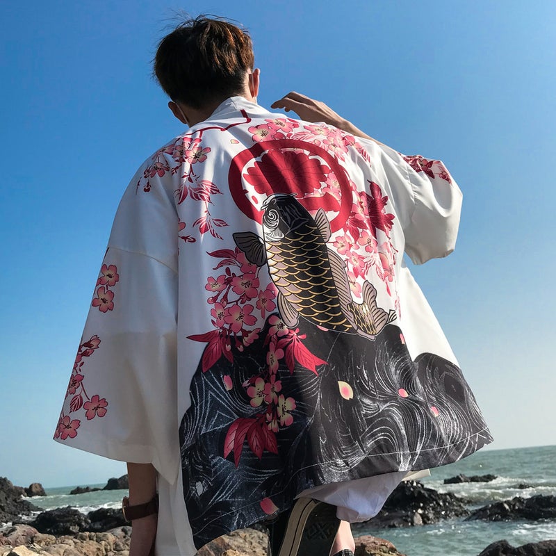 Unisex Kimono Cardigan Fish Print UV Protection Black  - Image 5