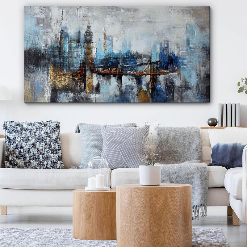 Pogusmavi Large Wall Art for Bedroom Abstract City View Canvas Art Modern Home Decor Gray Blue Buildings Prints for Bedroom Wall Art Office Artwork Wall Decor for Living Room Decor 29x58 inches - Image 4
