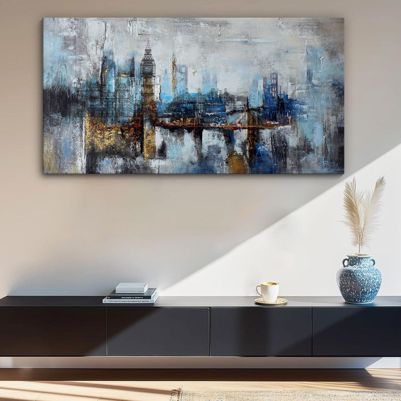 Pogusmavi Large Wall Art for Bedroom Abstract City View Canvas Art Modern Home Decor Gray Blue Buildings Prints for Bedroom Wall Art Office Artwork Wall Decor for Living Room Decor 29x58 inches - Image 2