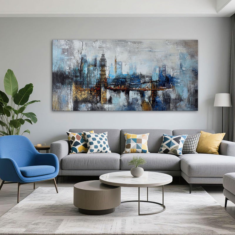 Pogusmavi Large Wall Art for Bedroom Abstract City View Canvas Art Modern Home Decor Gray Blue Buildings Prints for Bedroom Wall Art Office Artwork Wall Decor for Living Room Decor 29x58 inches - Image 1