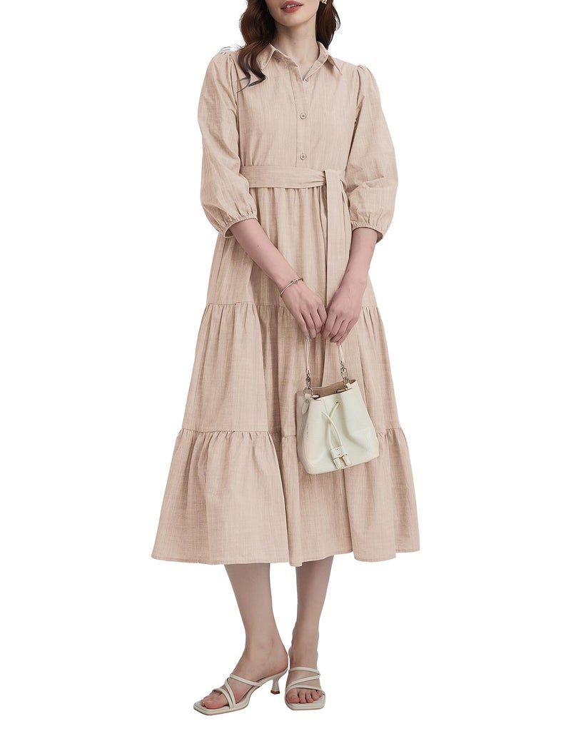 Kedera Womens 3/4 Sleeve Tiered Maxi Dresses Casual Button Down Tie Waist Flowy Shirt Midi Dresses Long Ruffle Sundress Khaki - Image 2