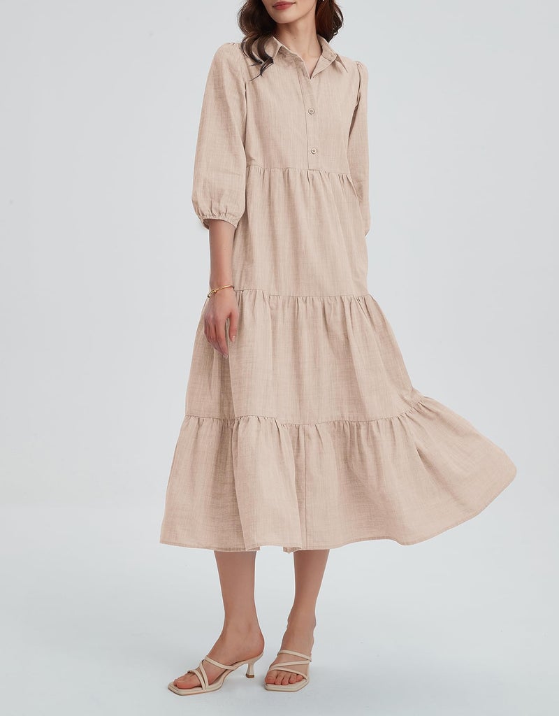 Kedera Womens 3/4 Sleeve Tiered Maxi Dresses Casual Button Down Tie Waist Flowy Shirt Midi Dresses Long Ruffle Sundress Khaki - Image 5