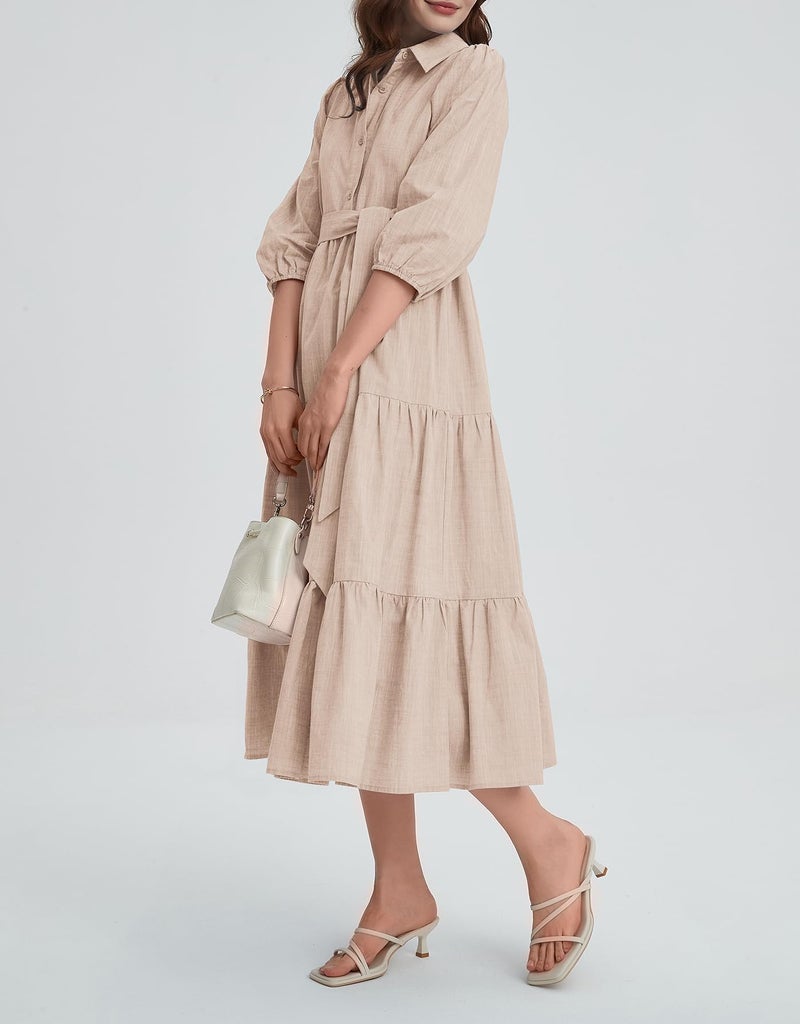 Kedera Womens 3/4 Sleeve Tiered Maxi Dresses Casual Button Down Tie Waist Flowy Shirt Midi Dresses Long Ruffle Sundress Khaki - Image 4