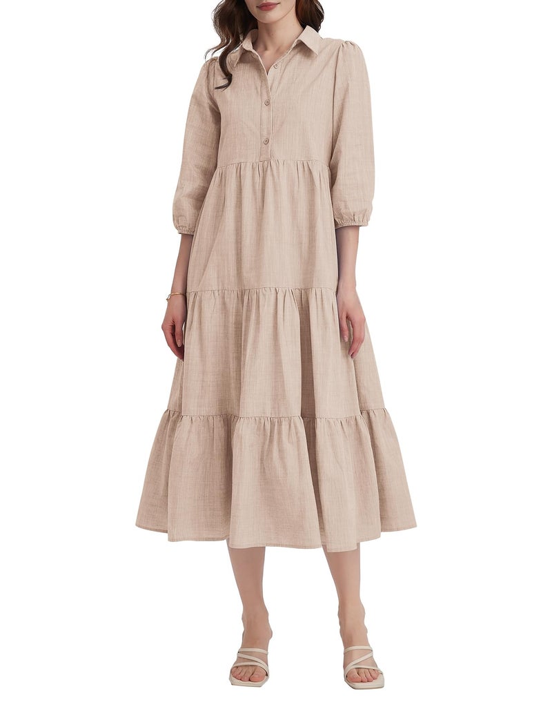 Kedera Womens 3/4 Sleeve Tiered Maxi Dresses Casual Button Down Tie Waist Flowy Shirt Midi Dresses Long Ruffle Sundress Khaki - Image 1