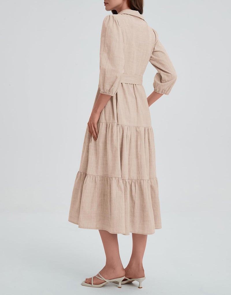 Kedera Womens 3/4 Sleeve Tiered Maxi Dresses Casual Button Down Tie Waist Flowy Shirt Midi Dresses Long Ruffle Sundress Khaki - Image 3
