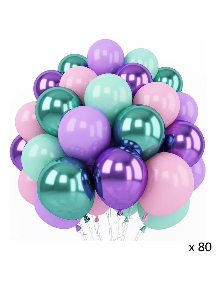 Boxwoods 80 PCS Of Metallic Chrome Purple Green And Pink Latex Balloons for Girls Mermaid Birthday Party Decoration - Image 1