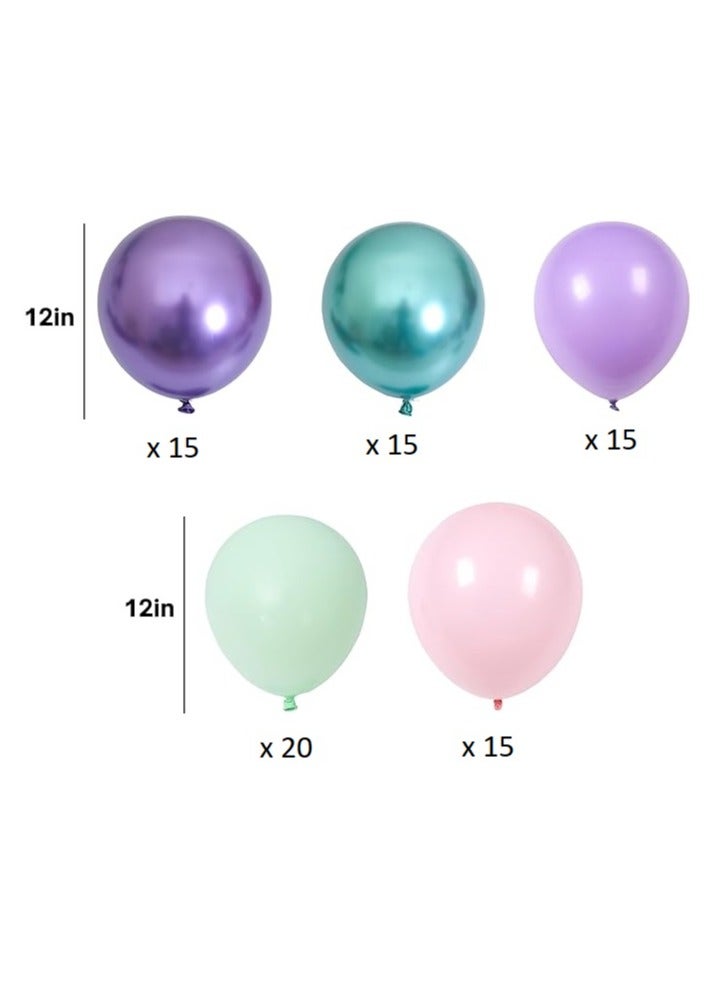 Boxwoods 80 PCS Of Metallic Chrome Purple Green And Pink Latex Balloons for Girls Mermaid Birthday Party Decoration - Image 2