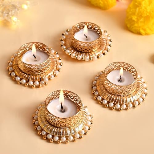 Ascension Set of 4 Peacock Designer Tealight Candle Holders for Side or Center Table Dining Room Christmas Lighting Home Decoration Diwali Gifts Navratri Dussehra Diya for Home Decoration (Design 4) - Image 1