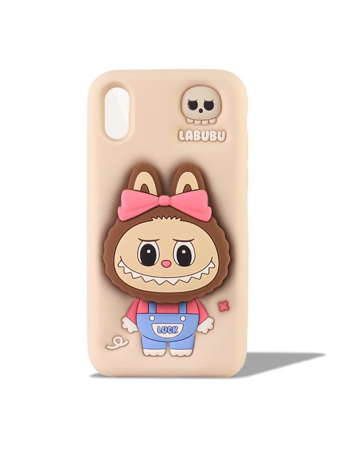 أغطية حماية أنيقة من السيليكون الناعم بتصميم كرتوني لطيف ثلاثي الأبعاد مع حامل للهاتف iPhone X/Xs (بيج)