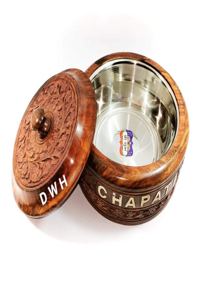 DWH Deluxe Wood Handicrafts Wood Hand Work Chapati/Puri/Paratha Box Casserole with Lid and Brass Written Chapati Letter (Brown, 1500 ml) - Image 3