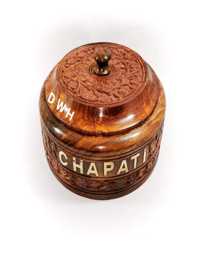 DWH Deluxe Wood Handicrafts Wood Hand Work Chapati/Puri/Paratha Box Casserole with Lid and Brass Written Chapati Letter (Brown, 1500 ml) - Image 2