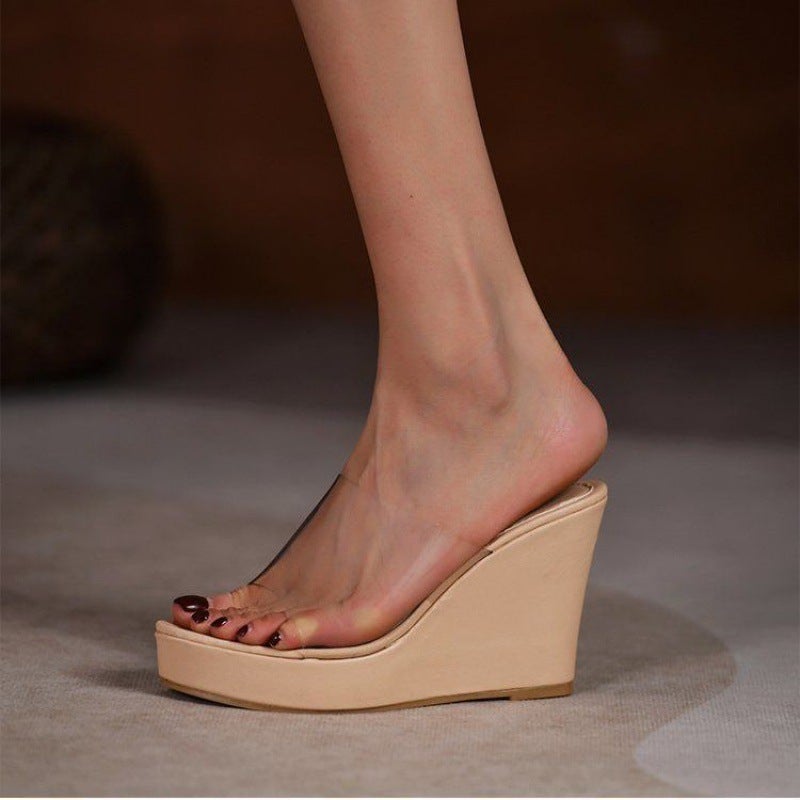 2024 Summer British Wedge Transparent Womens Slippers Nude Tape