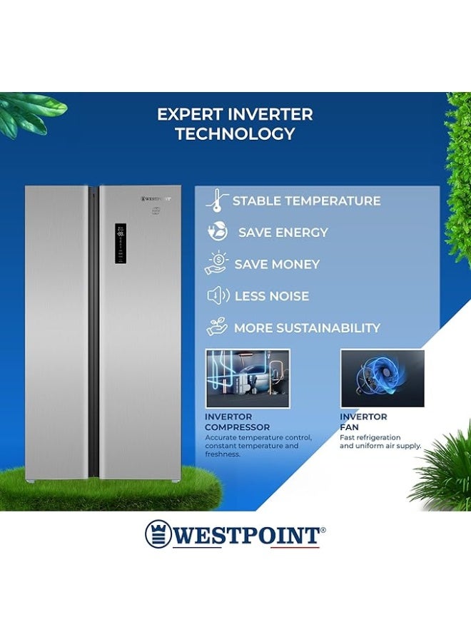Westpoint 610 Liters Side by Side Refrigerator with INVERTER COMPRESSOR, No Frost Technology, Digital Controls with Temperature Display, Multi Air Flow - WSTW-5423EDI 610 L WSTW-5423EDI silver - Image 2