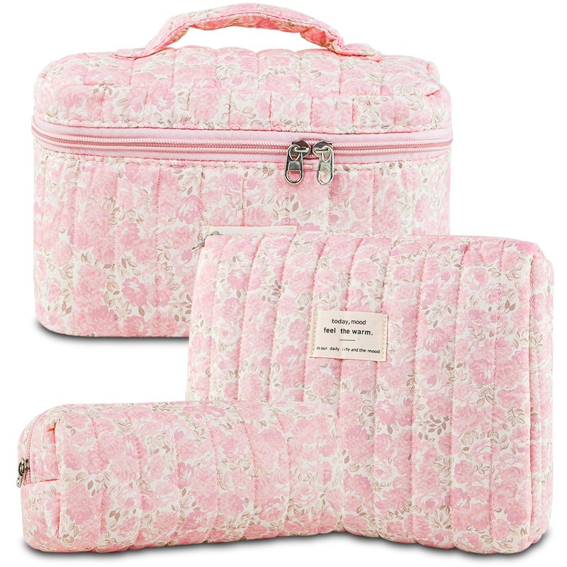 GISMTR 3Pcs Makeup Bag Cotton Quilted Travel Cosmetic Bag Cute Floral Makeup Pouch Large Toiletry Bag for Women Girls FlowersPink3 - Image 2
