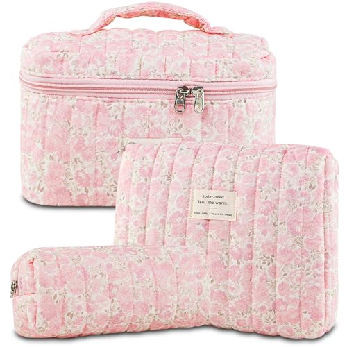 GISMTR 3Pcs Makeup Bag Cotton Quilted Travel Cosmetic Bag Cute Floral Makeup Pouch Large Toiletry Bag for Women Girls FlowersPink3 - Image 1