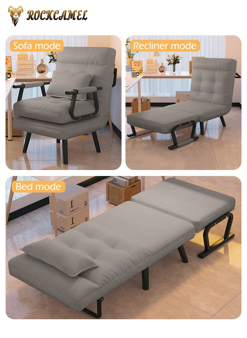 ROCKCAMEL 3 In 1 Convertible Sofa Chair, 5-Position Manual Recliner Chair with Pillow, Wide Adjustable Lounge Chair & Sofa Bed, Anti-Cat's Paw Leather for Home Office, Width 65cm, Dark Grey - Image 3