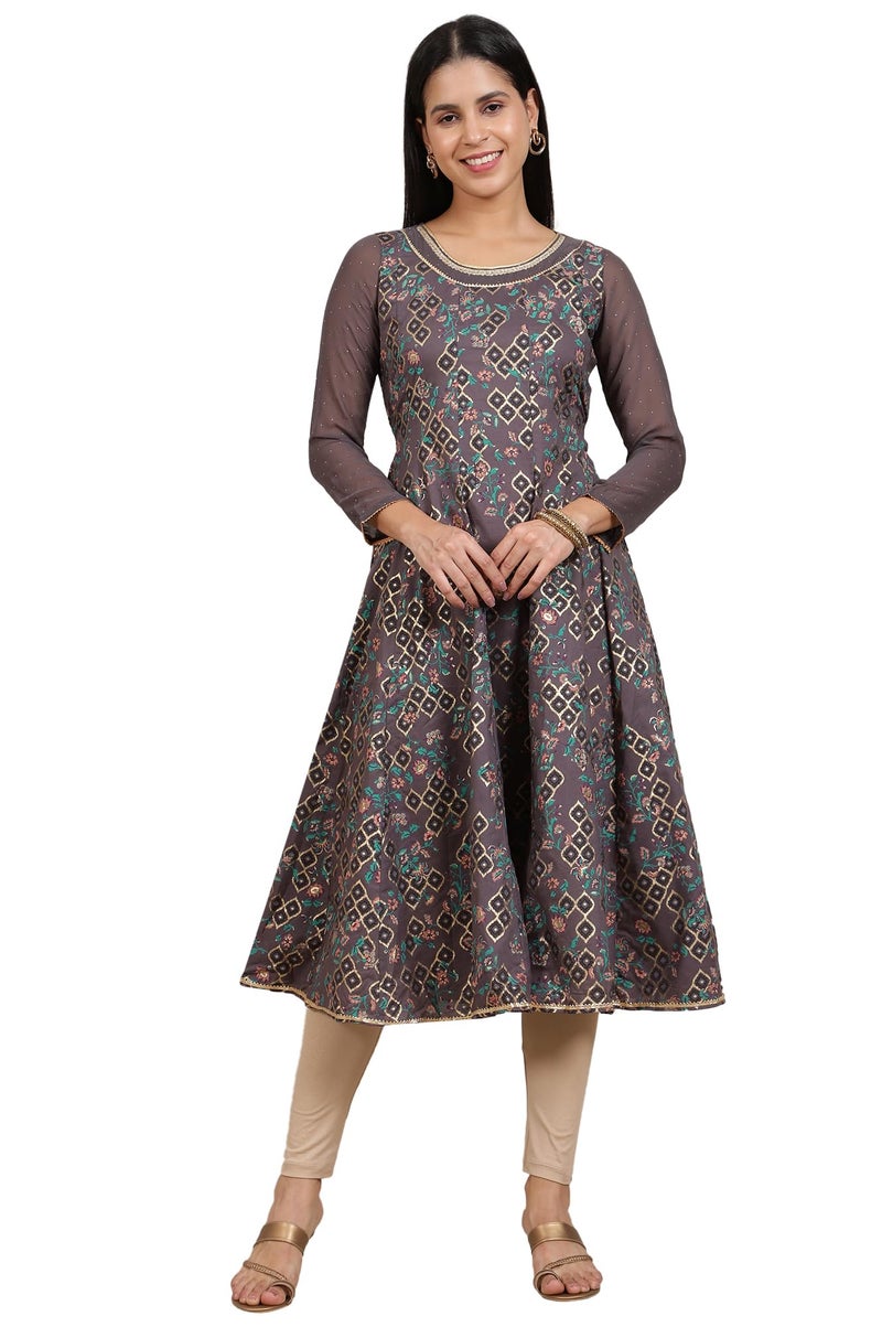 Aurelia Grey Printed Pure Cotton Anarkali Kurta and Tights Set (Size: L)-24ONAS14573-507275 - Image 1
