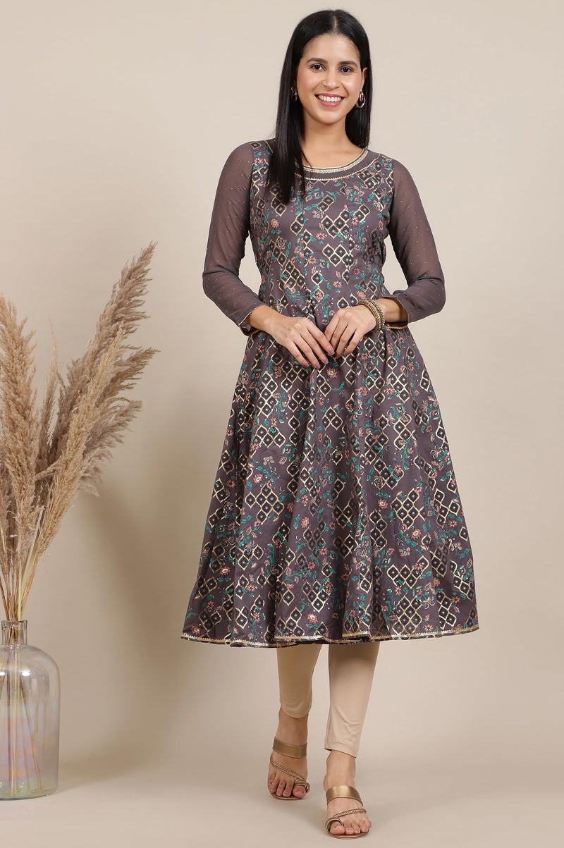 Aurelia Grey Printed Pure Cotton Anarkali Kurta and Tights Set (Size: L)-24ONAS14573-507275 - Image 2