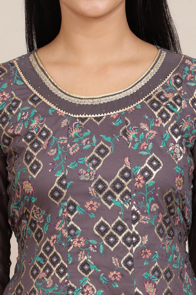 Aurelia Grey Printed Pure Cotton Anarkali Kurta and Tights Set (Size: L)-24ONAS14573-507275 - Image 3