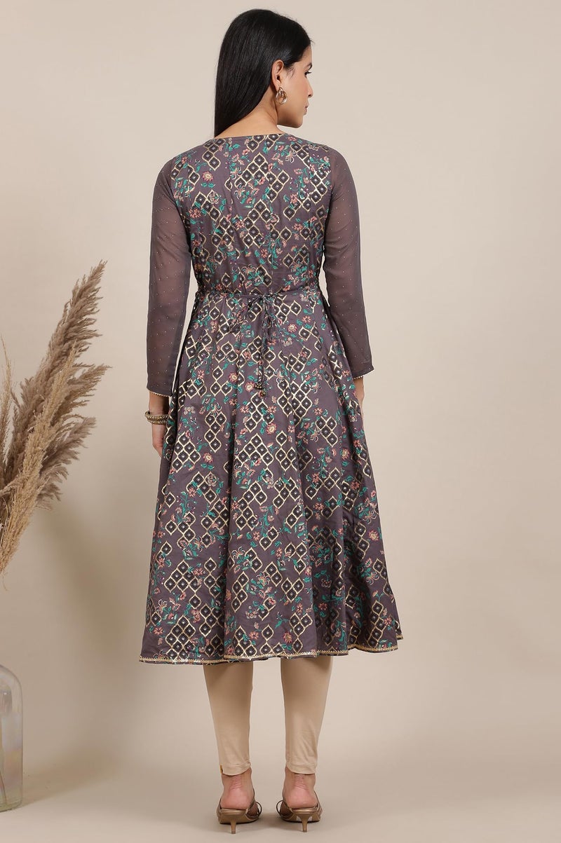 Aurelia Grey Printed Pure Cotton Anarkali Kurta and Tights Set (Size: L)-24ONAS14573-507275 - Image 5