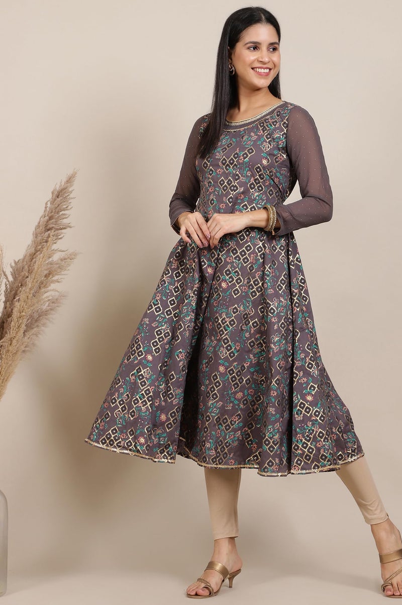Aurelia Grey Printed Pure Cotton Anarkali Kurta and Tights Set (Size: L)-24ONAS14573-507275 - Image 4