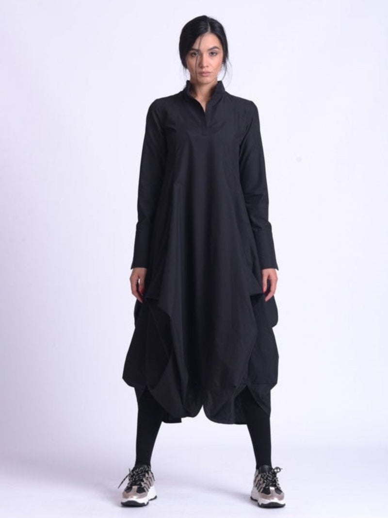 Metamorphoza Maxi Asymmetric Collar Shirt Dress In Black - Image 1