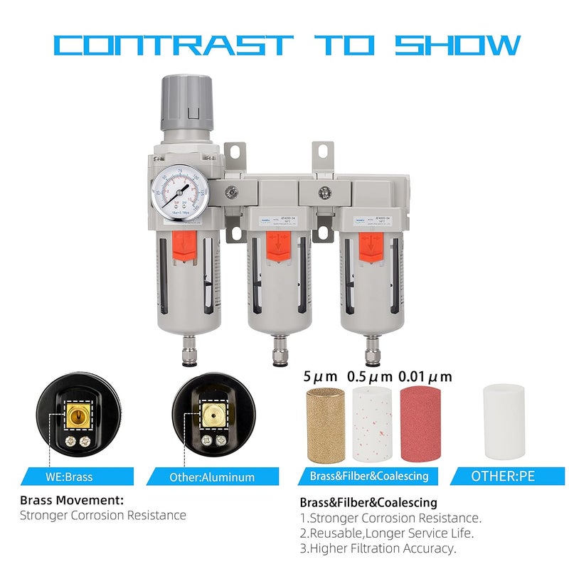 NANPU Three Stage Air Drying System - 5 Micron Particulate Filter, 0.5＆0.01 Micron Coalescing Filters, Air Pressure Regulator Combo - 0-150 psi Gauge, Semi-Auto Drain, Metal Bracket（3/8" NPT） - Image 2