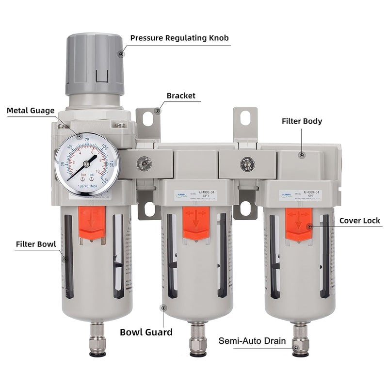 NANPU Three Stage Air Drying System - 5 Micron Particulate Filter, 0.5＆0.01 Micron Coalescing Filters, Air Pressure Regulator Combo - 0-150 psi Gauge, Semi-Auto Drain, Metal Bracket（3/8" NPT） - Image 4