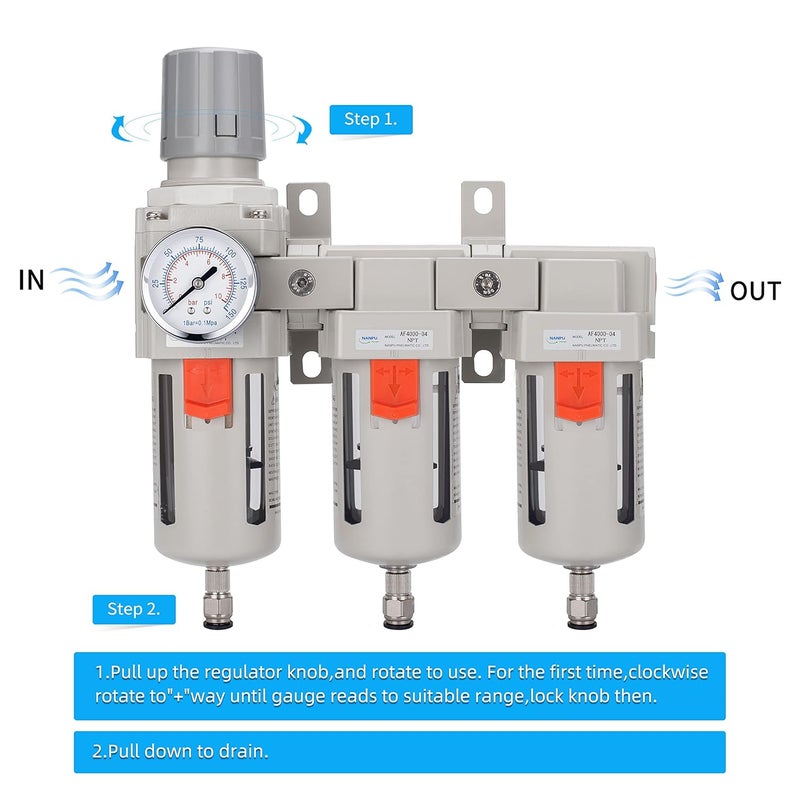 NANPU Three Stage Air Drying System - 5 Micron Particulate Filter, 0.5＆0.01 Micron Coalescing Filters, Air Pressure Regulator Combo - 0-150 psi Gauge, Semi-Auto Drain, Metal Bracket（3/8" NPT） - Image 3