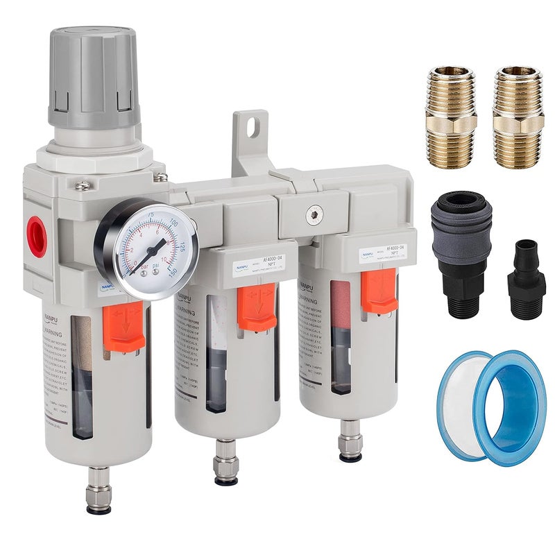 NANPU Three Stage Air Drying System - 5 Micron Particulate Filter, 0.5＆0.01 Micron Coalescing Filters, Air Pressure Regulator Combo - 0-150 psi Gauge, Semi-Auto Drain, Metal Bracket（3/8" NPT） - Image 1