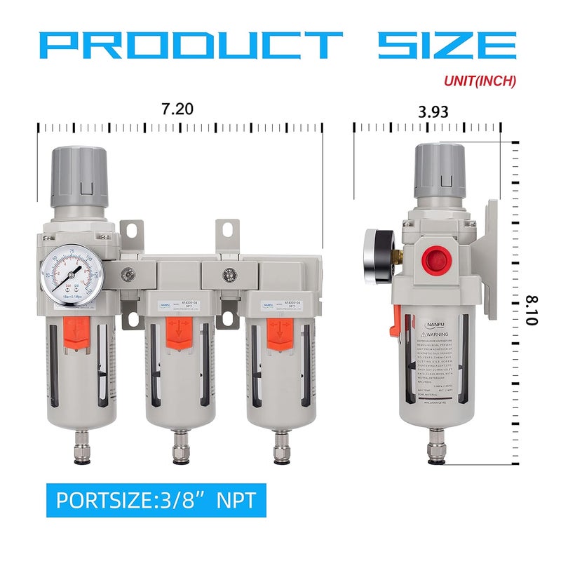NANPU Three Stage Air Drying System - 5 Micron Particulate Filter, 0.5＆0.01 Micron Coalescing Filters, Air Pressure Regulator Combo - 0-150 psi Gauge, Semi-Auto Drain, Metal Bracket（3/8" NPT） - Image 5