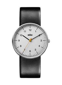 BRAUN Braun Mens 3-Hand Analogue Quartz Watch, White Dial and Black Leather Strap, 38mm Stainless Steel Case, model BN0021BKG. 