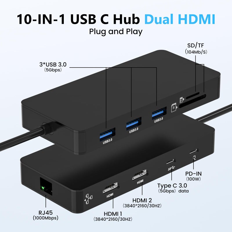 Fophmo Laptop Docking Station Dual 4K HDTV Monitor, Fophmo USB C to 2 HDTV Splitter Extended Display, 1000Mbps LAN, USB A&C 3.0 Ports(10Gbps), SD/TF Card, 100W PD Charging, MacOS Only Mirrors Same Screen - Image 4