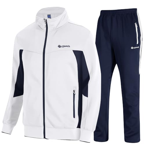 TBMPOY Men's Tracksuits Sweatsuits for Men Set Track Suits 2 Piece Casual Athletic Jogging Warm Up Full Zip Sweat Suits White/Dark Blue XL - Image 1